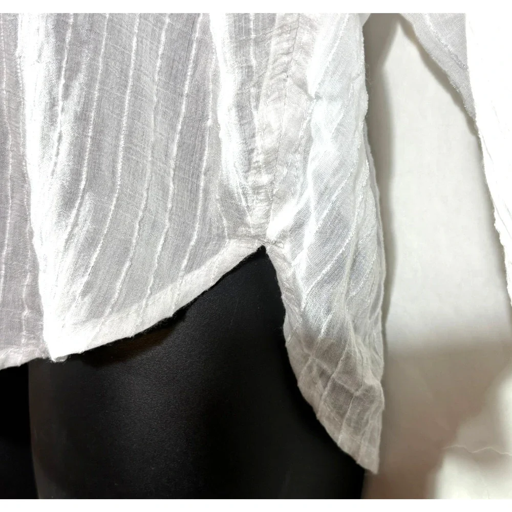 LOFT White Stripe Blouse Semi-Sheer Button Top V-Neck Long Puff Sleeve Small